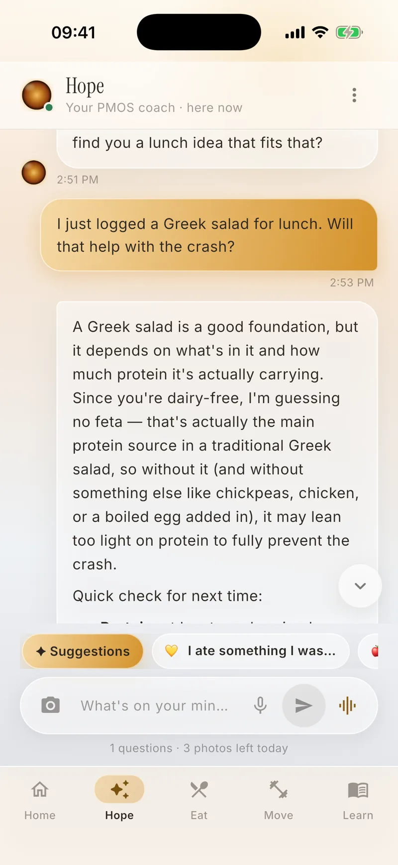 Hope explaining why an afternoon energy crash happens, and weighing in on a logged Greek salad lunch