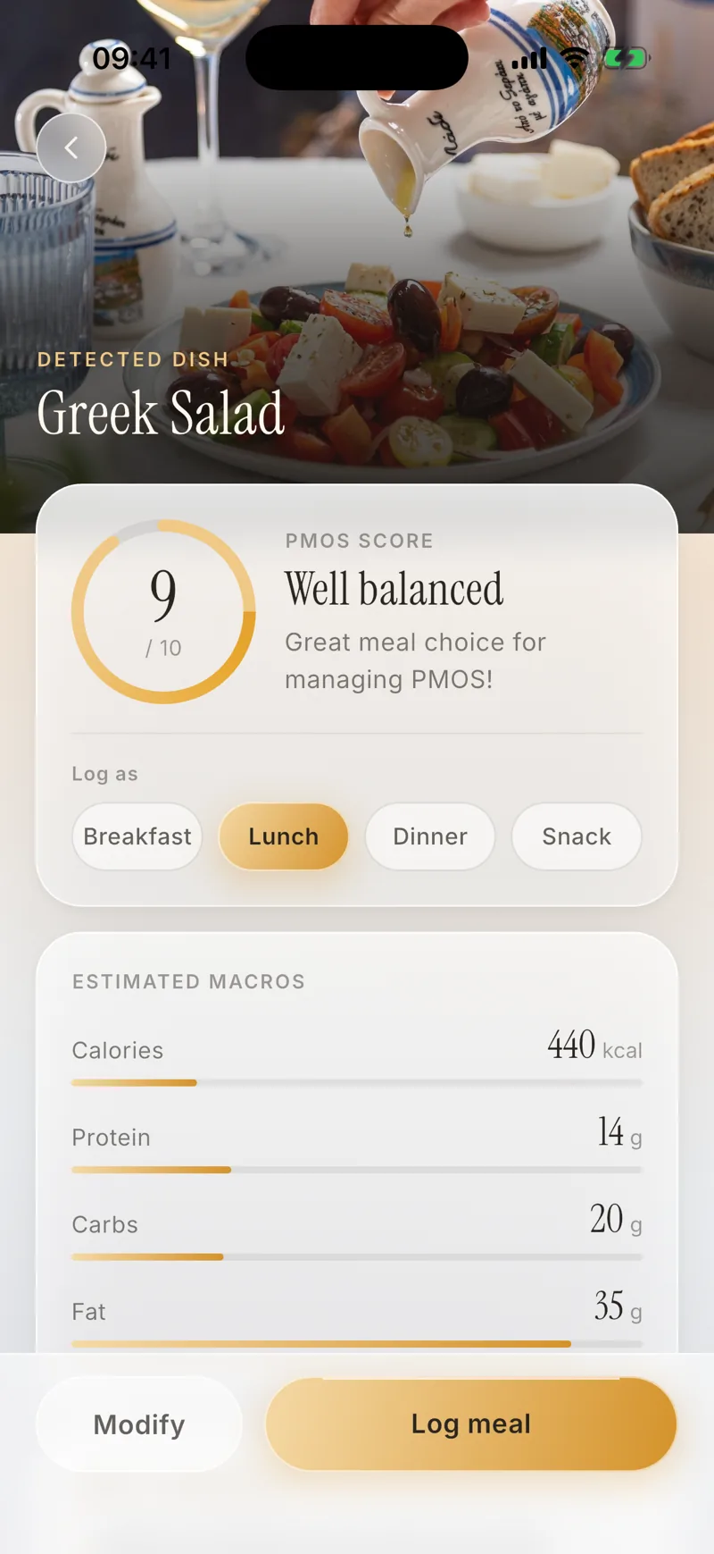Meal analysis of a Greek salad scoring 9 out of 10 for PMOS with estimated macros