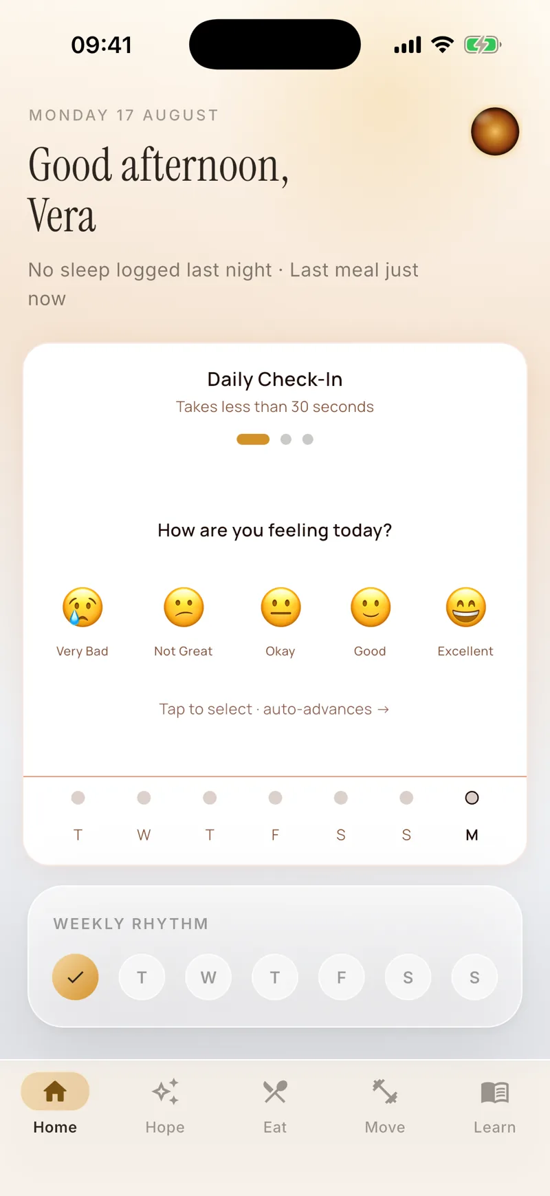 Today dashboard with the 30-second daily check-in and the weekly rhythm tracker